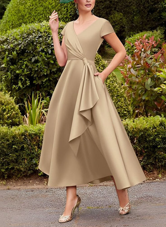 Missacc Champagne Mother Of The Bride Dresses A-Line V-Neck Short Sleeves Tea-Length Satin Mother Of The Bride Dresses W