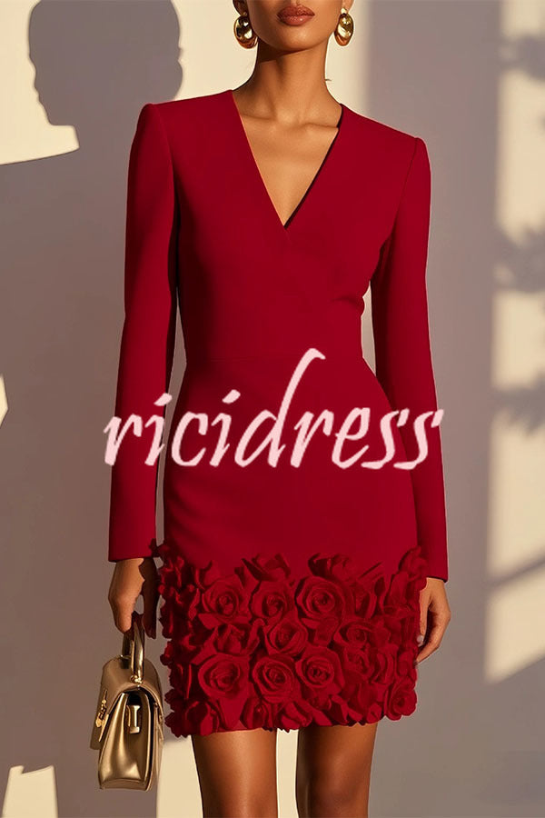 Wine Red Aurora Rosa 3D Floral Mini Dress
