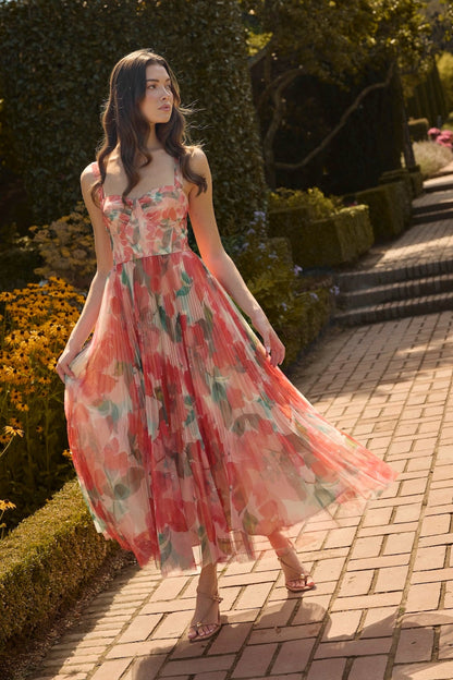 Ivory/Coral Watercolor Bloomed Floral Margot Watercolor Floral Gown