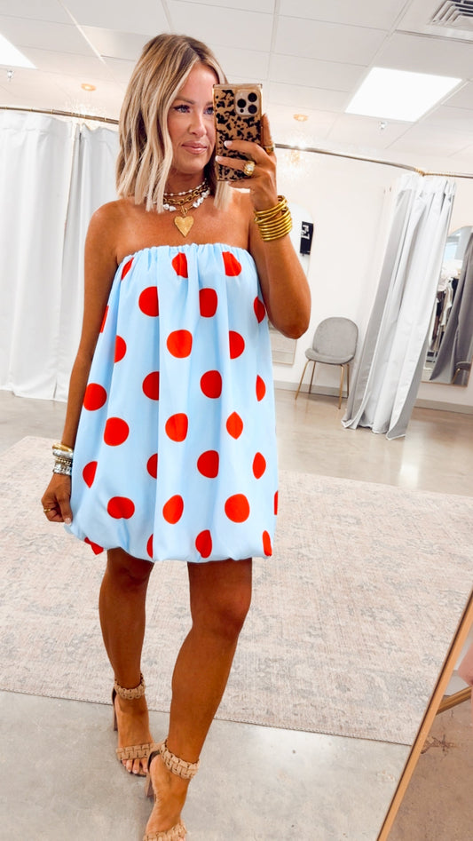 Blue/Red Margot Polka Dot Bubble Hem Dress