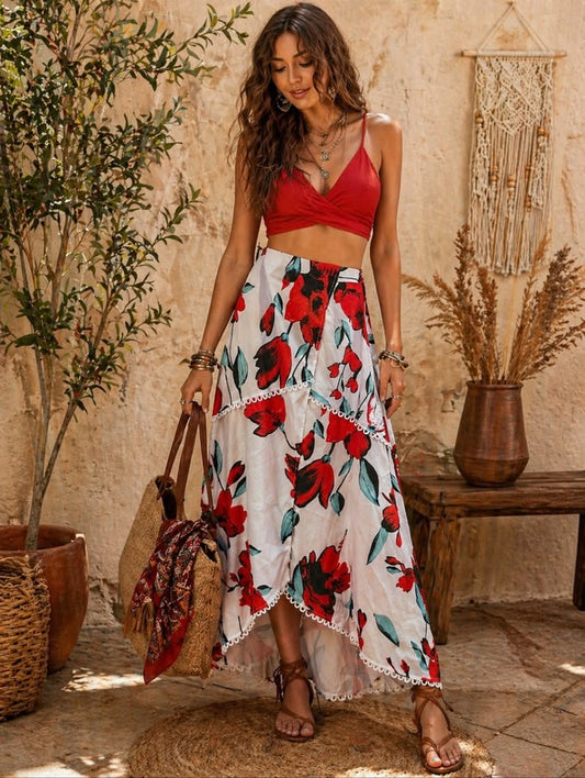 Cbr Skirts | Cbr Floral Wrap Midi Skirt With Pom-Pom Trim - White/Red Size Small | Color: Red/White | Size: S