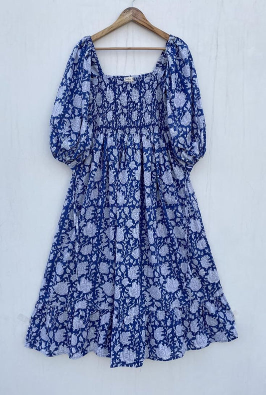 Adorable Blues Color Look Fall Season Long Maxi Dress / Square Neckline With Smocking Maxi Dress / 3/4th Sleeve With Cot