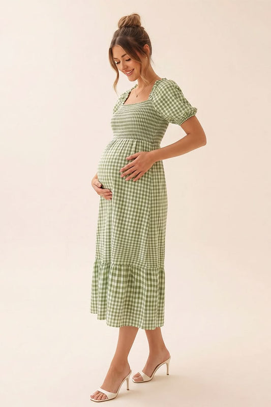 Mae Gingham Maternity Midi Dress