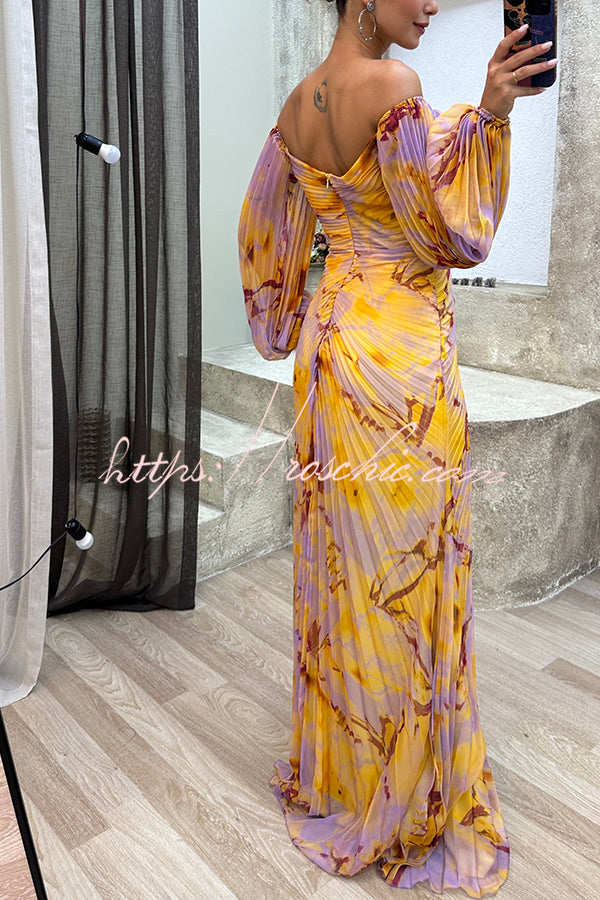 Green Sunset Serenade Printed Off Shoulder Diamond Embellished Pleated Slit Maxi Dress