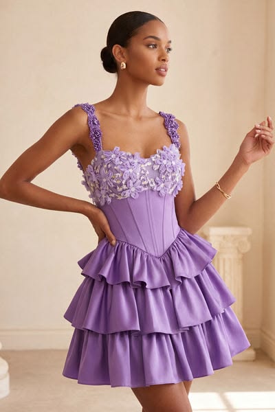 Light Purple A-Line Corset Tiered Lace Up Back Floral Homecoming Dress with Beading