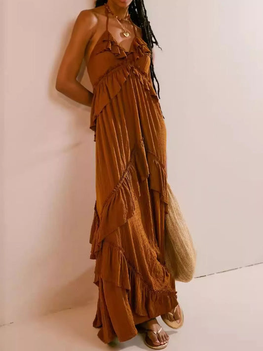 Caramel Eleanor Ruffled Halter Maxi Dress
