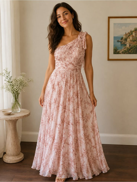 Azazie Dresses | Azazie Charlize Pink Fern Floral One-Shoulder Chiffon A-Line Gown Nwt | Color: Pink/White | Size: A14
