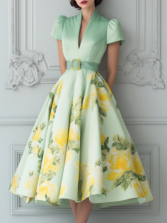 Green Floral Midi A-Line Dress With Belt And Puff Sleeves Green-L(12-14)