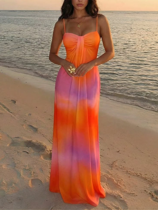 Orange Boho Women's Elegant Tie-Dye Print Slip Dress | Color: Orange | Size: Various