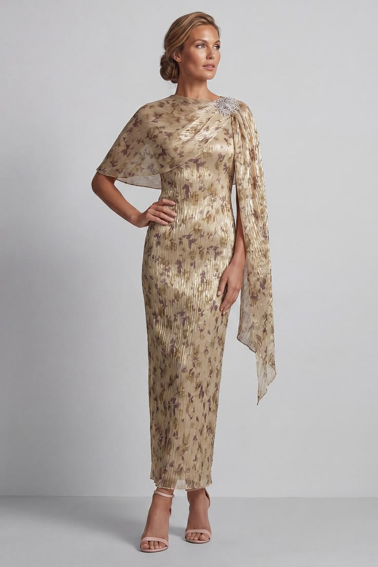 Champagne Beaded Sheath Long Floral Mother of the Bride Dress with Cape - Champagne / US18W