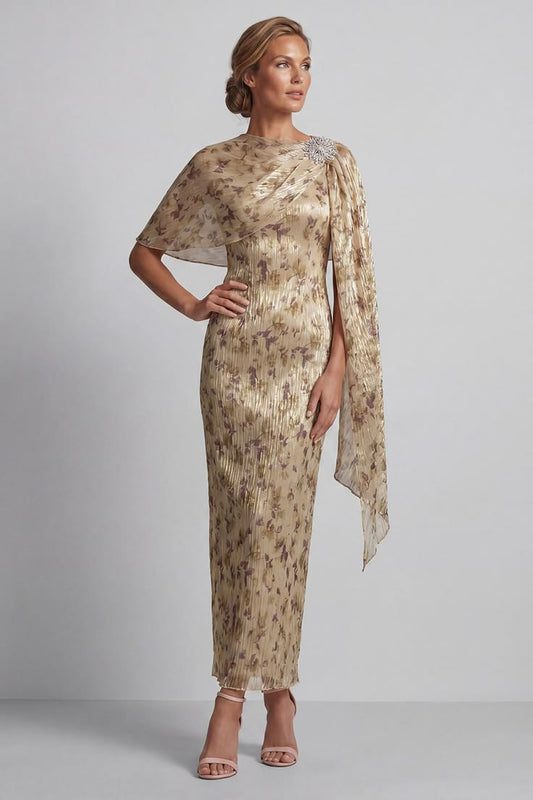Champagne Beaded Sheath Long Floral Mother of the Bride Dress with Cape - Champagne / US18W
