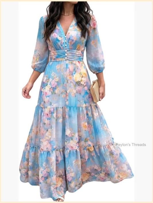 Boho Maxi Dress With V-Neck 3/4 Puff Sleeve Floral Tiered Skirt | Color: Blue | Size: Various