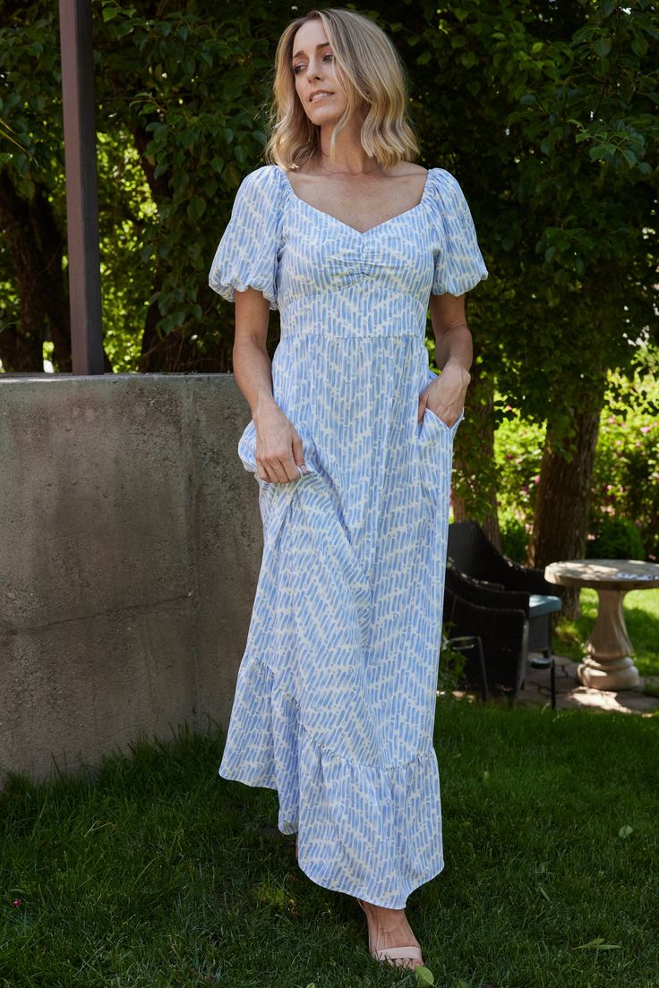 Durban Geometric Maxi Dress in Dusty Blue