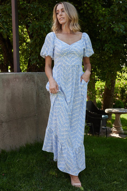 Durban Geometric Maxi Dress in Dusty Blue