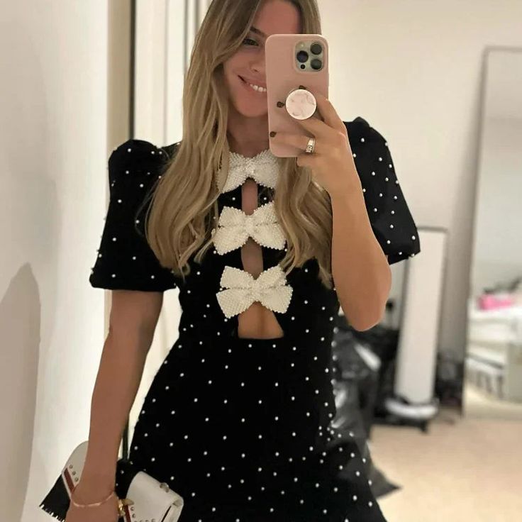Bow Hollow Out Women's Black Dress Sexy Short Sleeve Party Mini Bandag
