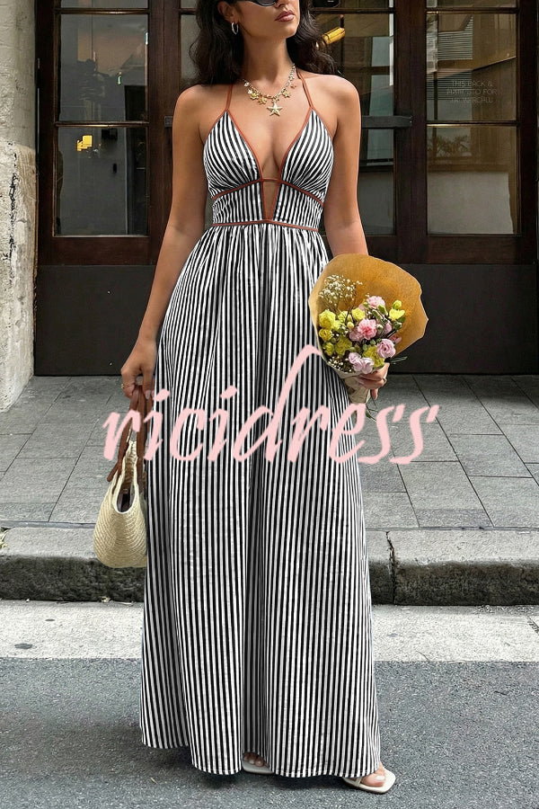 Wine Red Margot Striped V-Neck Maxi Dress