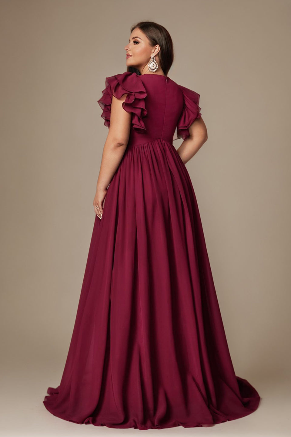 Burgundy Curveins Plus Size V-Neck Ruffle Sleeve Split A-Line Maxi Dress - 28/5X / Brown