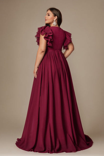 Burgundy Curveins Plus Size V-Neck Ruffle Sleeve Split A-Line Maxi Dress - 28/5X / Brown