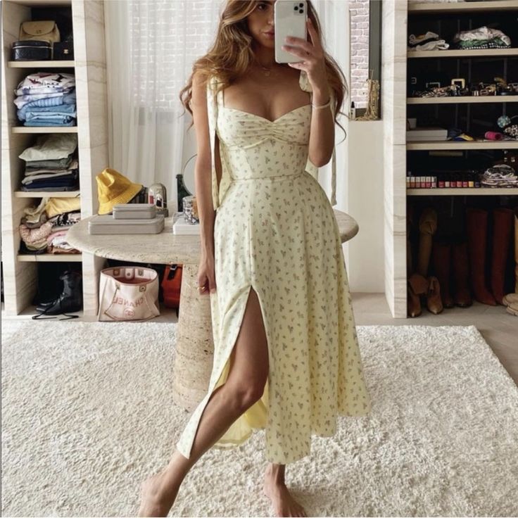 House Of Cb Dresses | House Of Cb Pastel Yellow Floral Summer Ribbon Alicia Midi Dress | Color: Pink/Yellow | Size: Xs