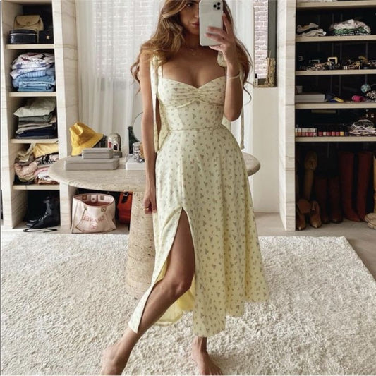 House Of Cb Dresses | House Of Cb Pastel Yellow Floral Summer Ribbon Alicia Midi Dress | Color: Pink/Yellow | Size: Xs