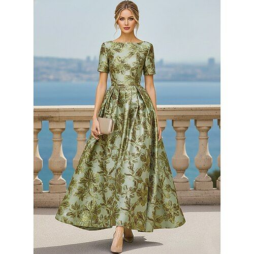A-Line Floor Length Cocktail Dresses Elegant Vintage Floral Short Sleeve Crew Neck Garden Party Wedding Pocket Jacquard 