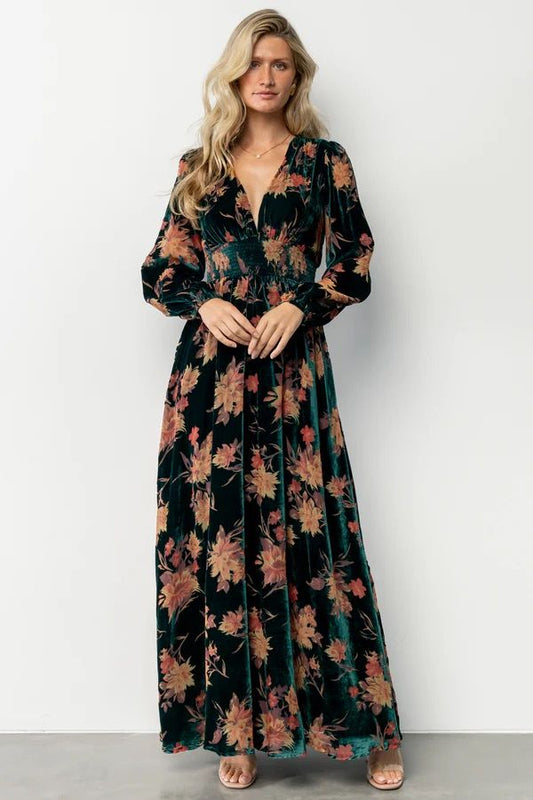 Elina Maxi Dress - Jade Multi Floral Velvet | Baltic Born
