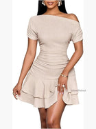 Off Shoulder Ruffle Mini Dress Fit And Flare Summer Casual | Color: Red/Tan | Size: Various