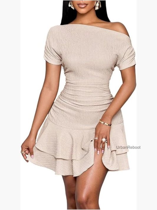 Off Shoulder Ruffle Mini Dress Fit And Flare Summer Casual | Color: Red/Tan | Size: Various