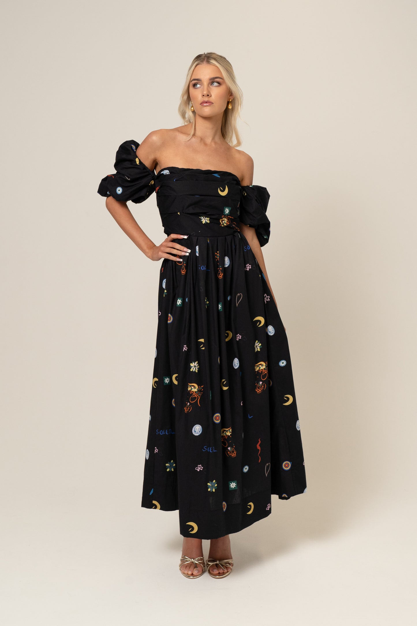 Summer Print Dahlia Off-Shoulder Puff Sleeve Midi Dress