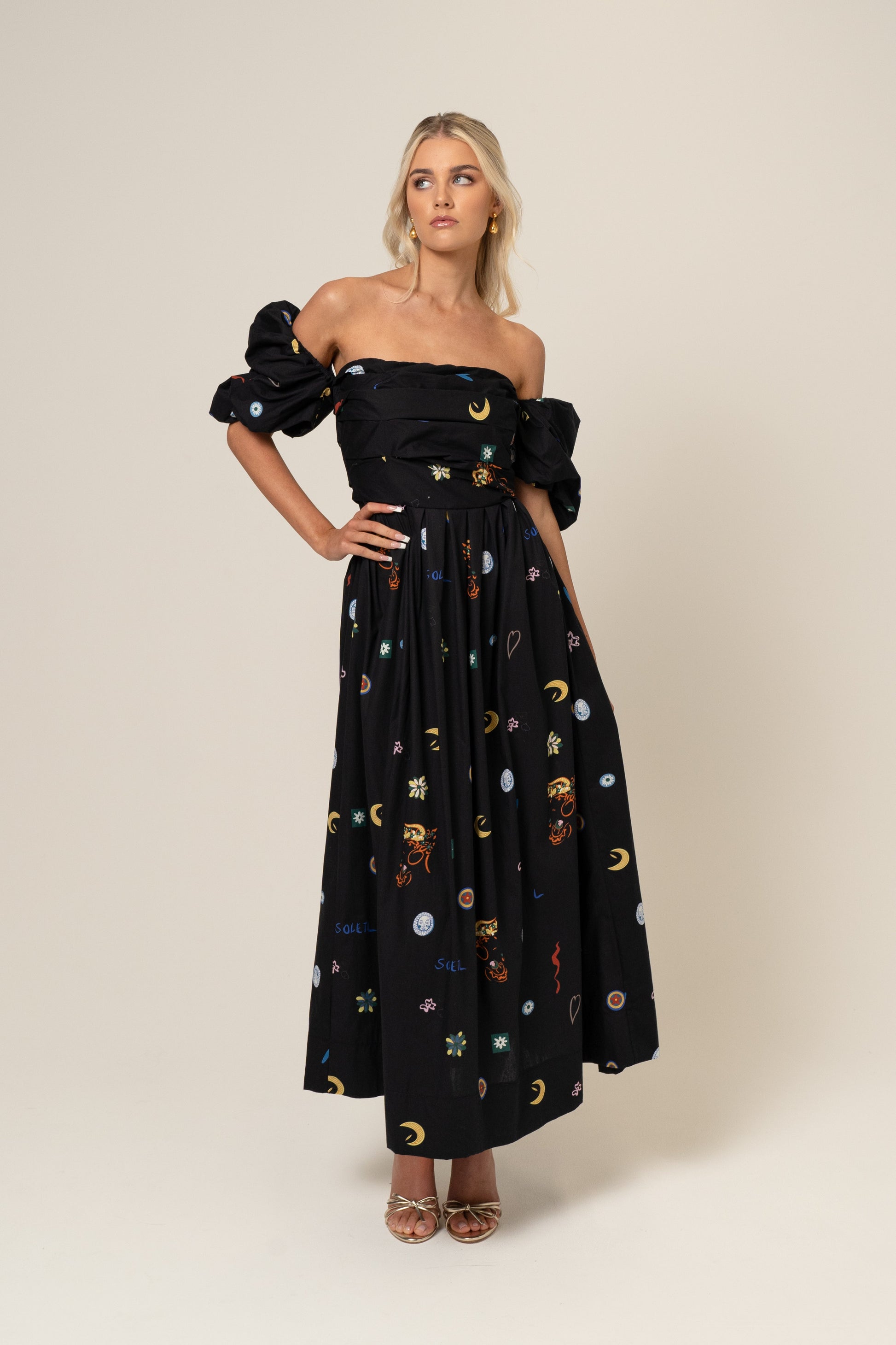 Summer Print Dahlia Off-Shoulder Puff Sleeve Midi Dress