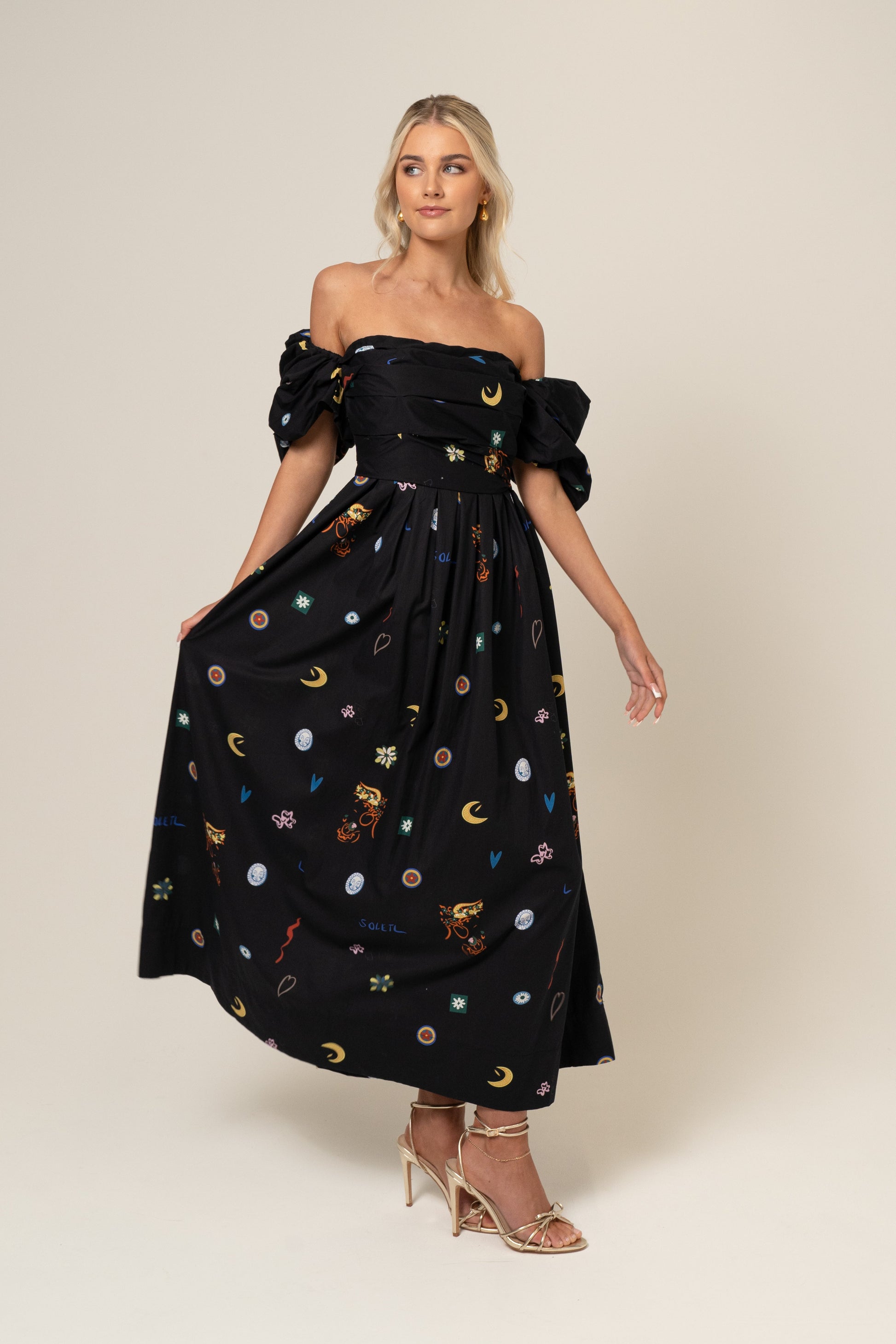Summer Print Dahlia Off-Shoulder Puff Sleeve Midi Dress