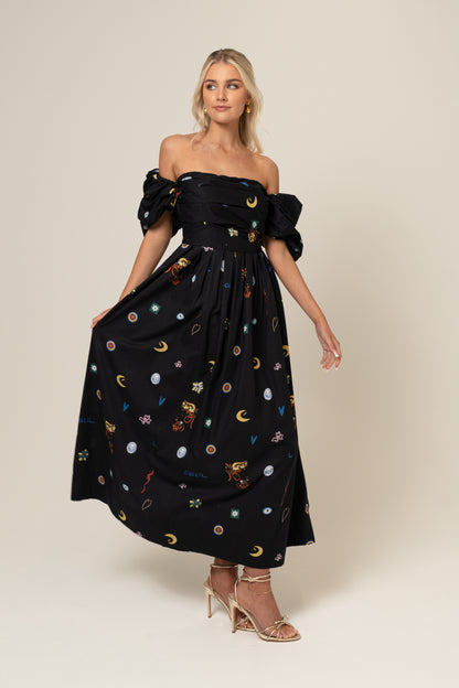 Summer Print Dahlia Off-Shoulder Puff Sleeve Midi Dress