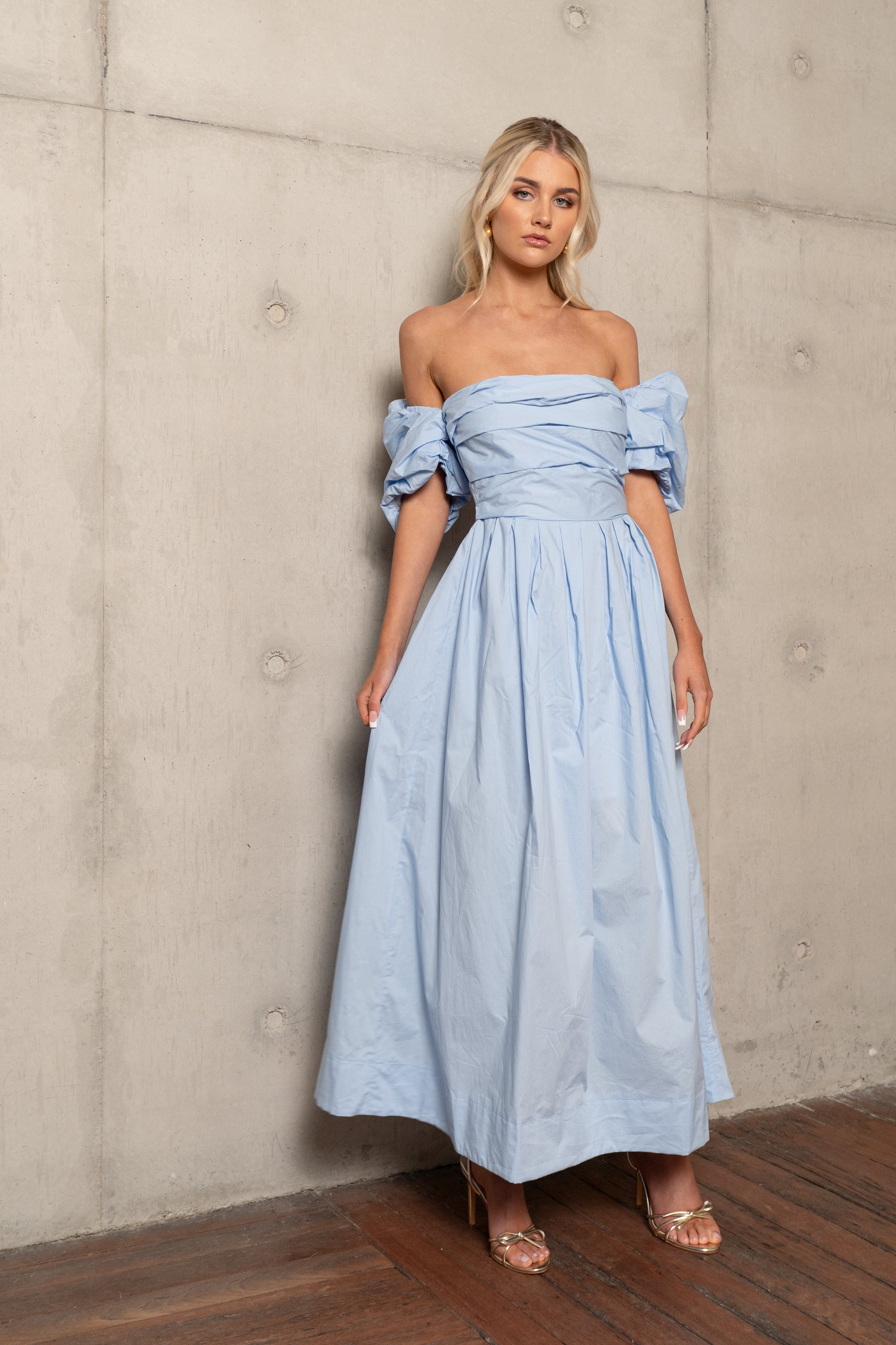 Blue Dahlia Off-Shoulder Puff Sleeve Midi Dress