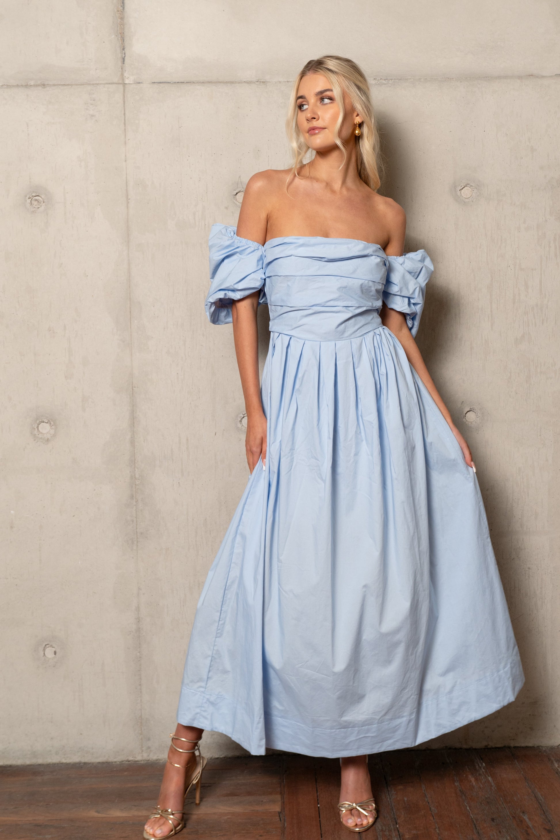 Summer Print Dahlia Off-Shoulder Puff Sleeve Midi Dress