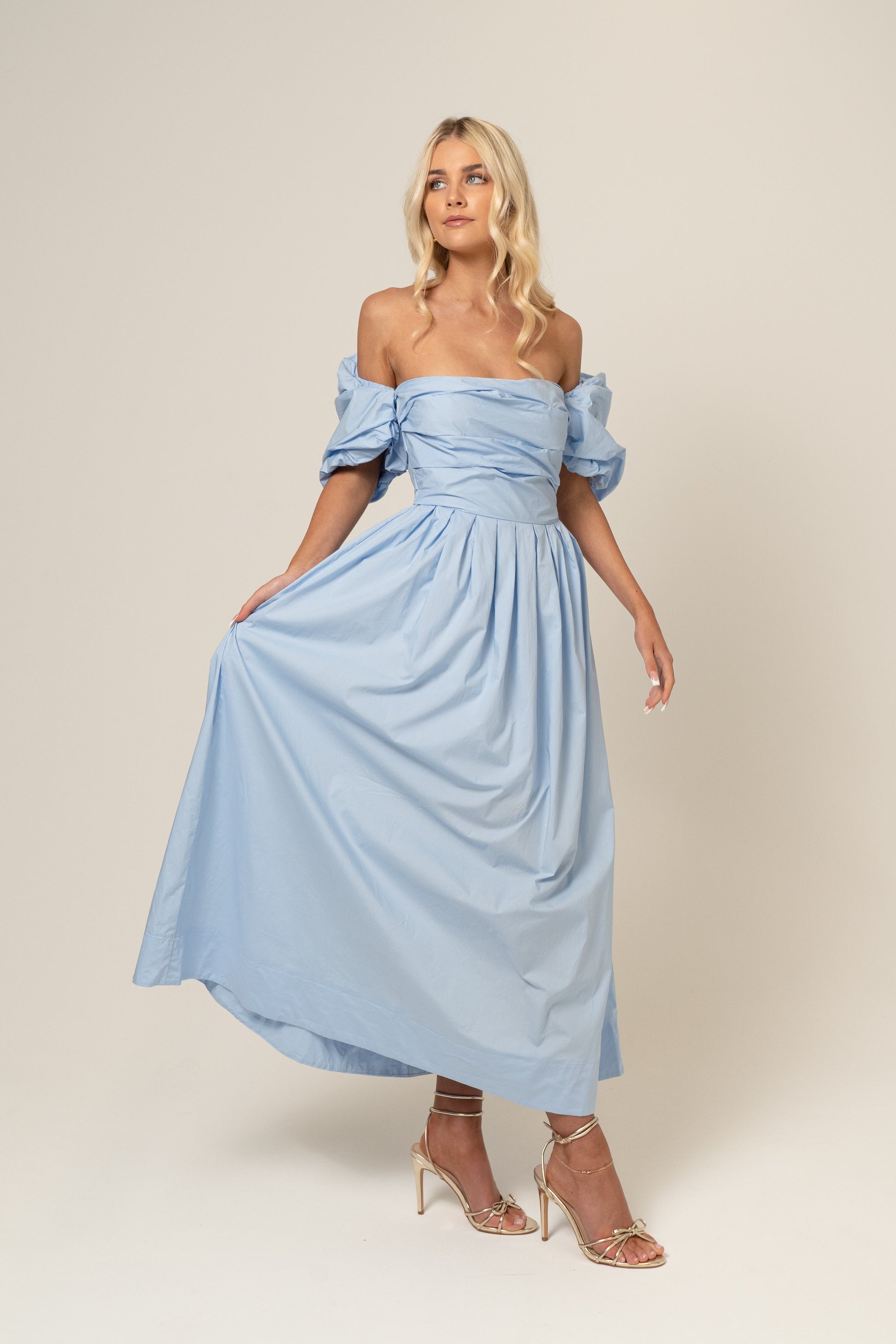 Yellow Dahlia Off-Shoulder Puff Sleeve Midi Dress