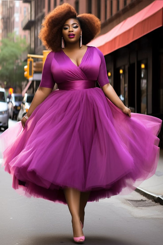 Xpluswear Design Plus Size Prom Elegant Purple Wrap Neck Short Sleeve Contrast Tiered Tulle Midi Dresses [Pre-Order] Pur