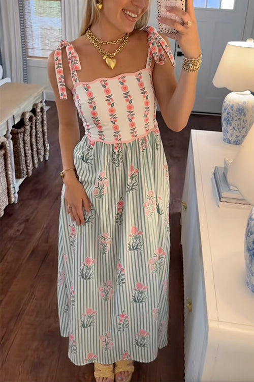 up Striped Floral Maxi Cami Dress Margot Striped Floral Lace-Up Maxi Dress