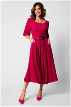 Summer Wedding Guest Dress | Fuchsia Square Neck Belted A Line Midi
