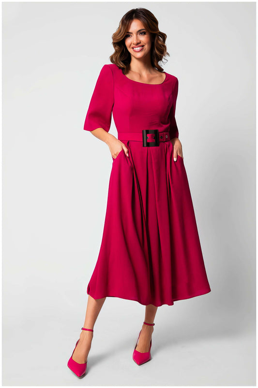 Summer Wedding Guest Dress | Fuchsia Square Neck Belted A Line Midi