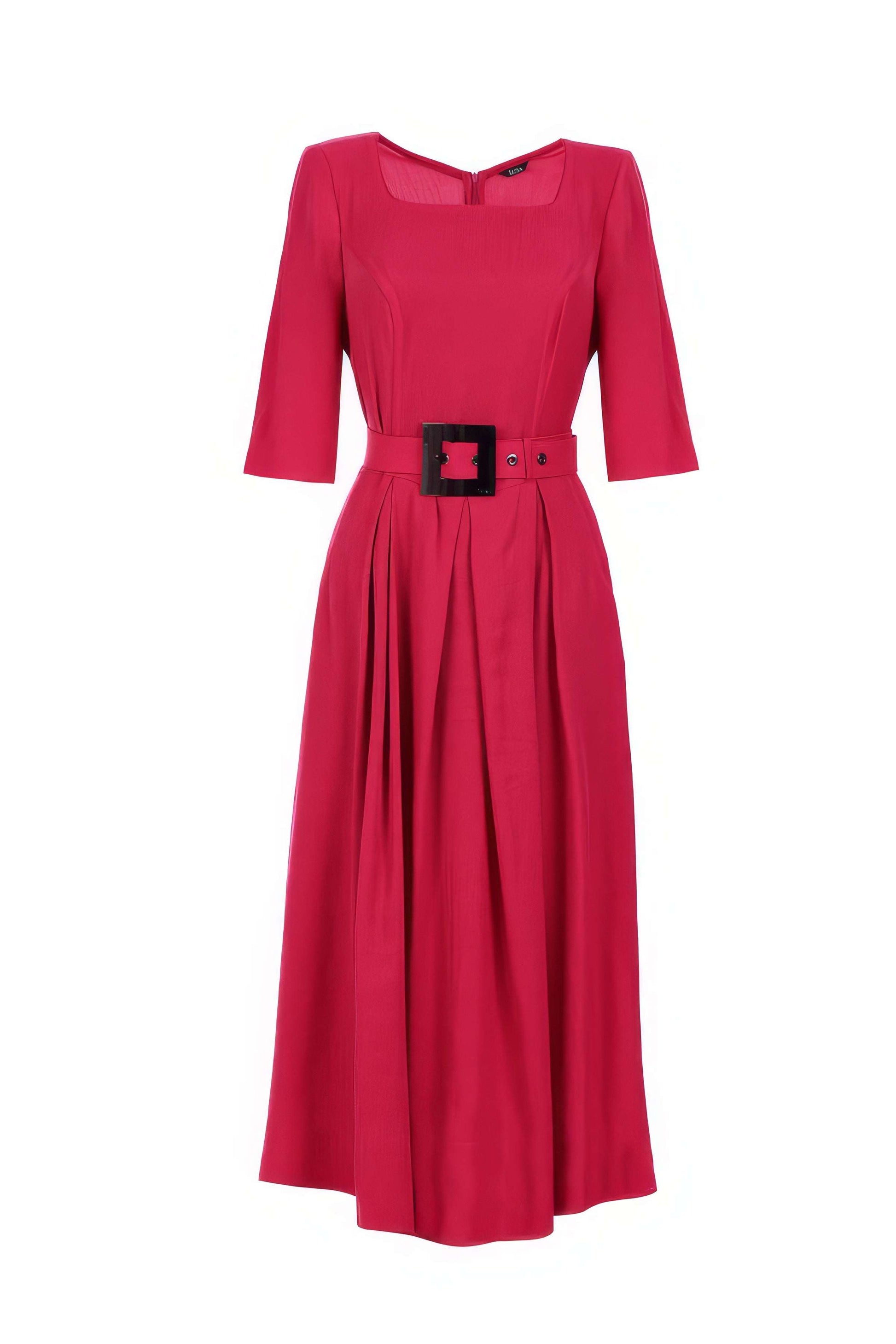 Summer Wedding Guest Dress | Fuchsia Square Neck Belted A Line Midi