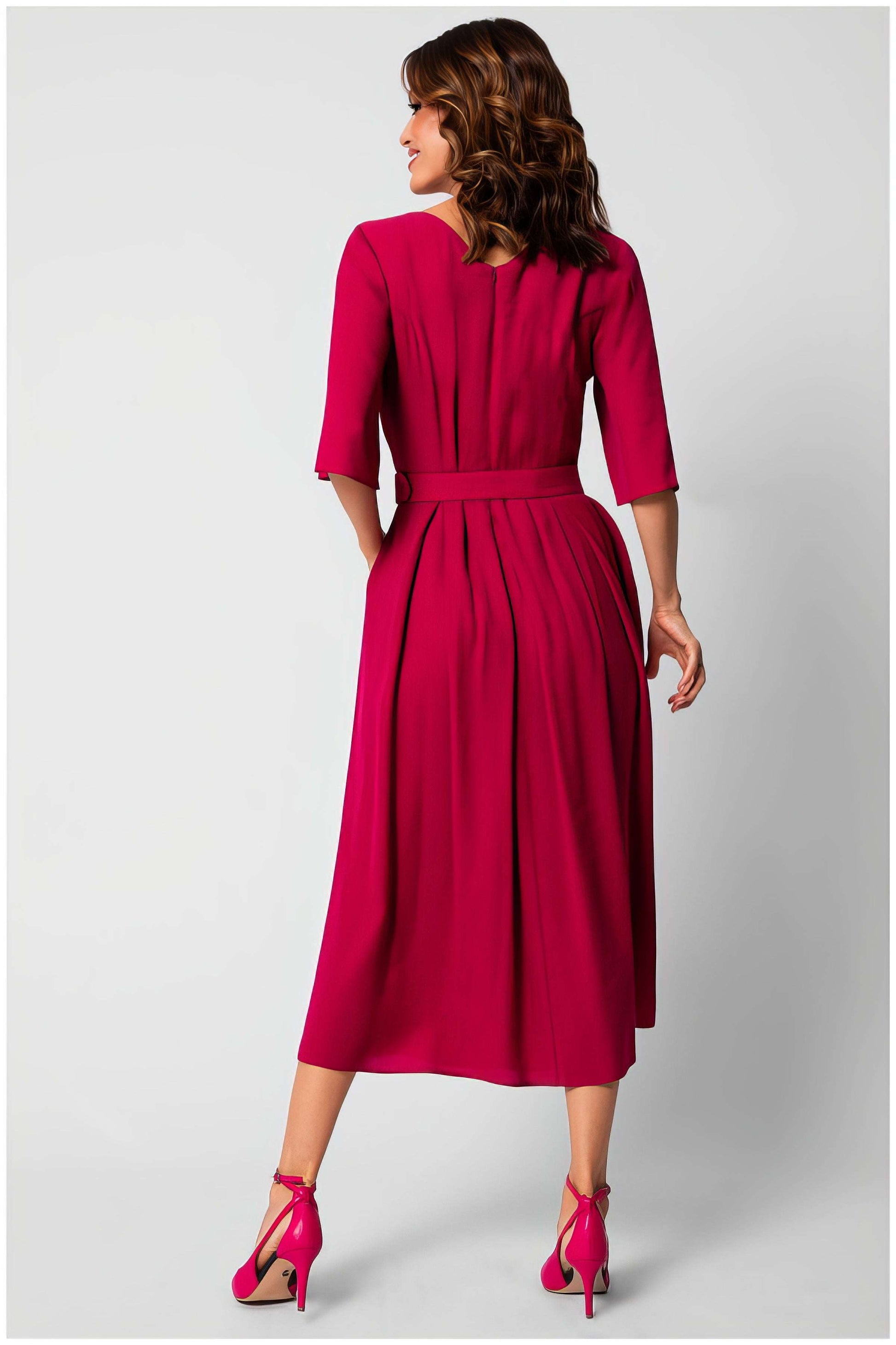 Summer Wedding Guest Dress | Fuchsia Square Neck Belted A Line Midi