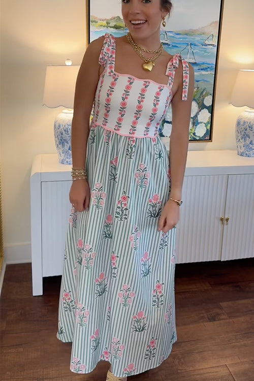 up Striped Floral Maxi Cami Dress Margot Striped Floral Lace-Up Maxi Dress