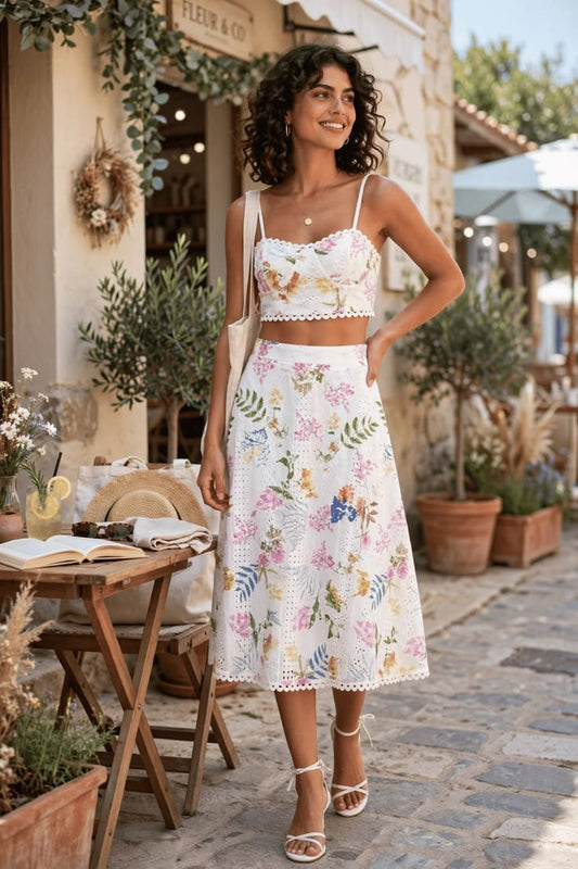 Arabella Floral Embroidered Two-Piece Midi Dress