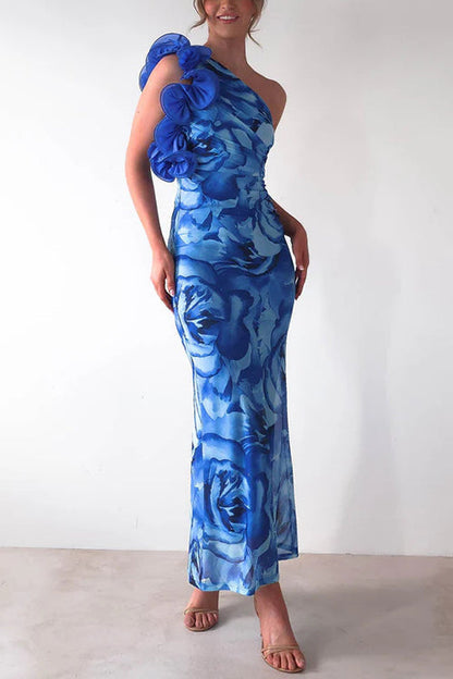 Blue Margot Ruffle One-Shoulder Floral Maxi Dress
