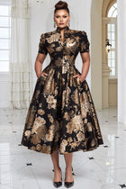 Xpluswear Design Plus Size Formal Black All Over Print Stand-Up Collar Short Sleeve Pocket Elegant Satin Midi Dresses [P