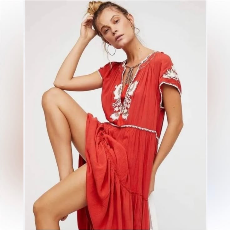 Iris Embroidered Maxi Dress in Rust