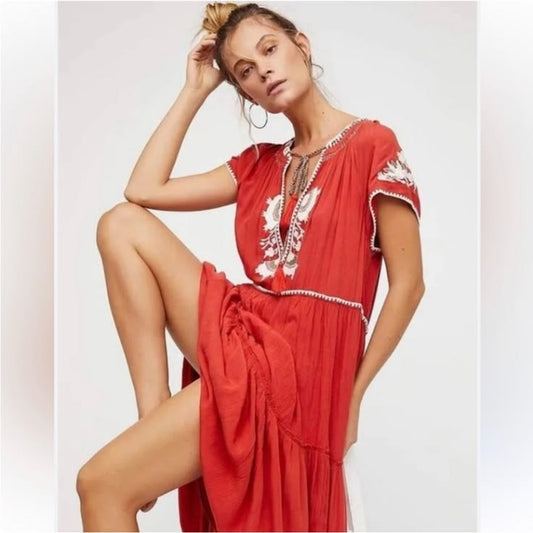 Iris Embroidered Maxi Dress in Rust