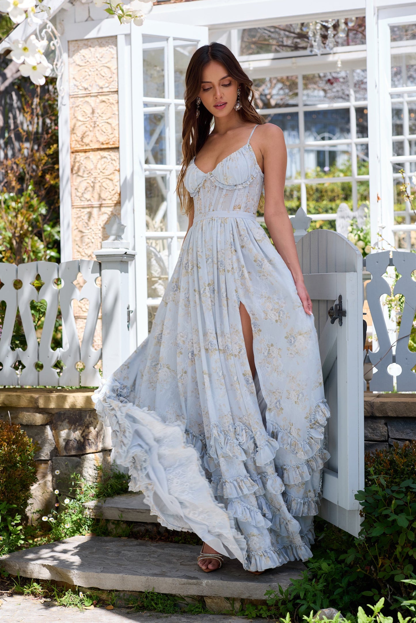Victorian Blue Roses Carmen Floral Midi Dress