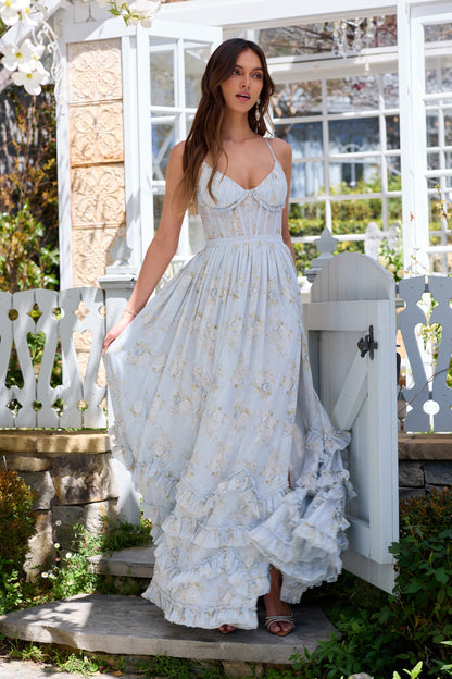 Victorian Blue Roses Carmen Floral Midi Dress