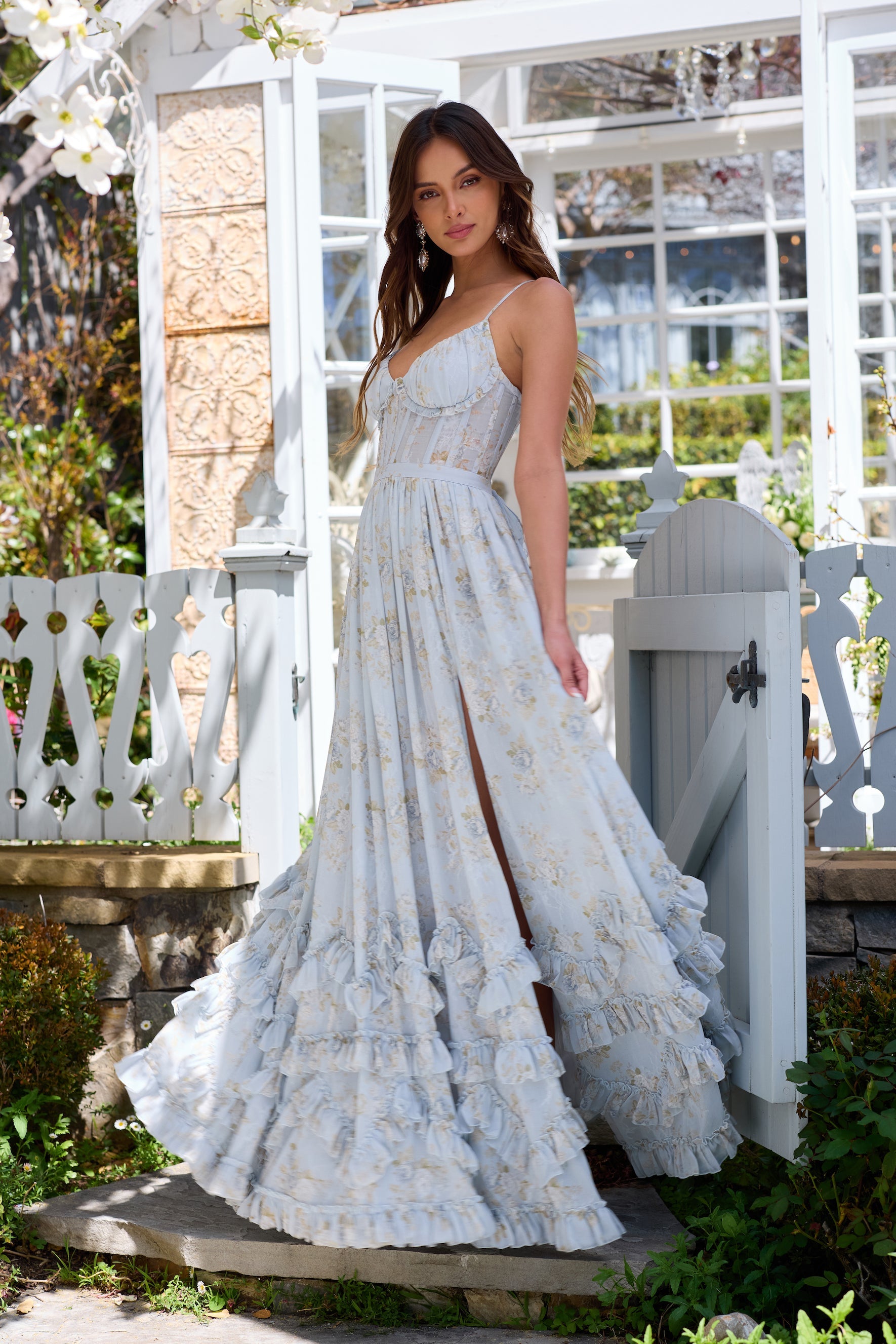 Victorian Blue Roses Carmen Silk Midi Dress in Carmel Valley Rose